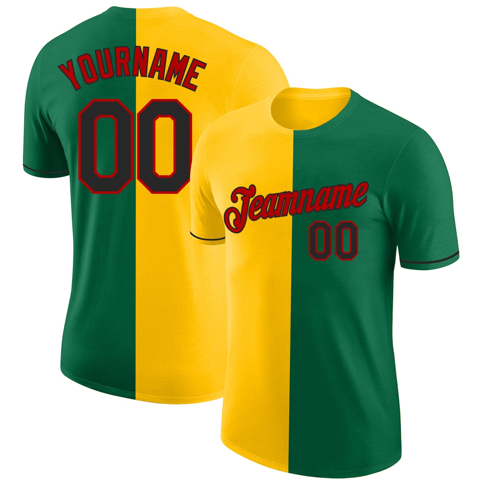 Custom Kelly Green Black Yellow-Red Split Fashion Performance T-Shirt - Main View