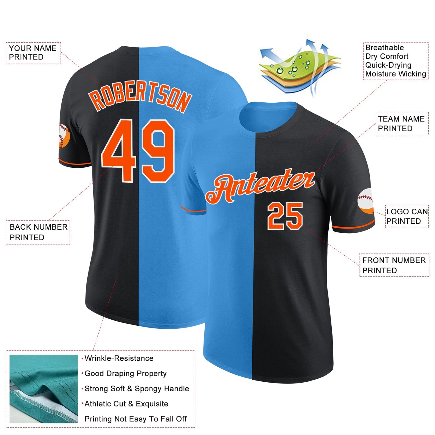 Custom Black Orange-Powder Blue Split Fashion Performance T-Shirt view 2