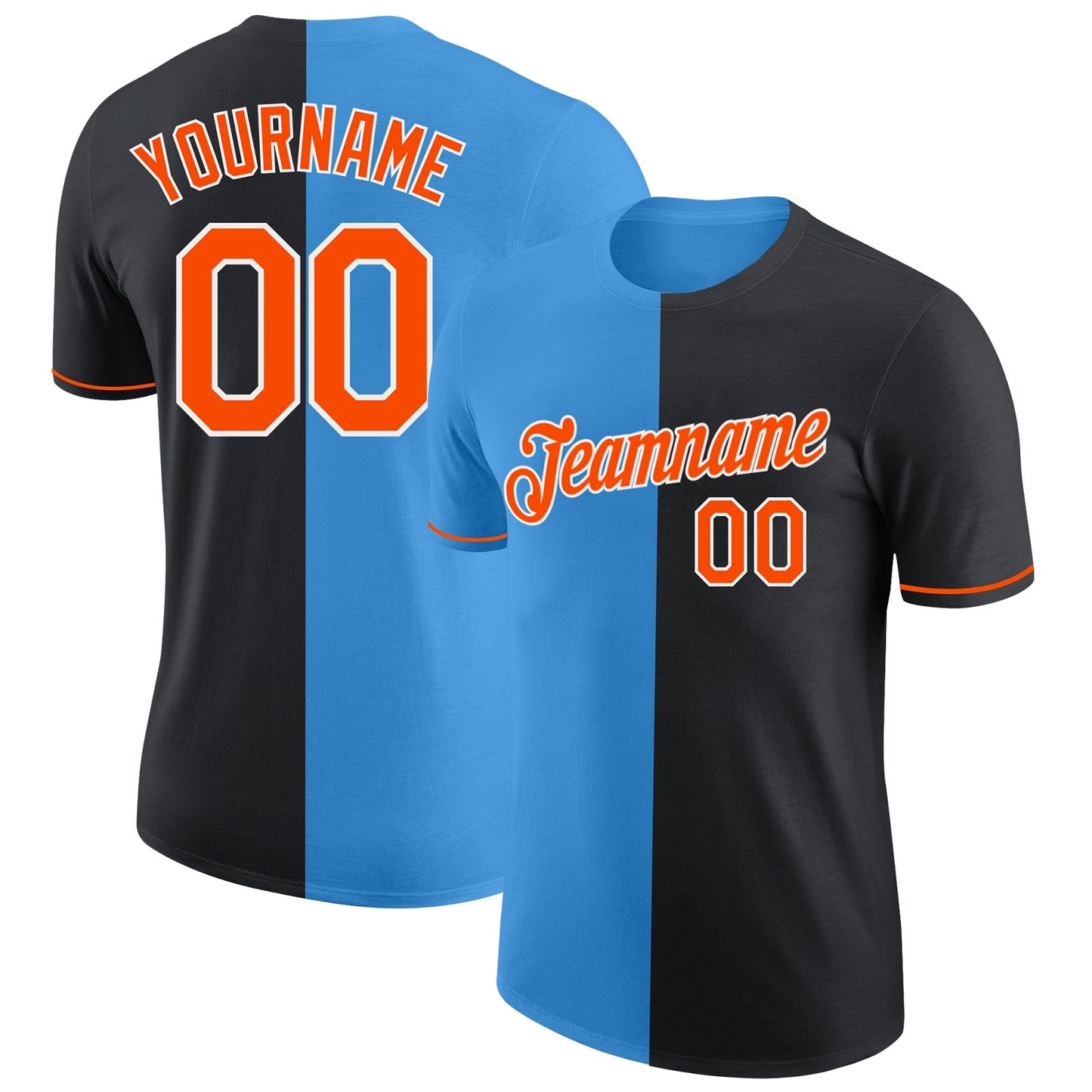 Custom Black Orange-Powder Blue Split Fashion Performance T-Shirt - Main View