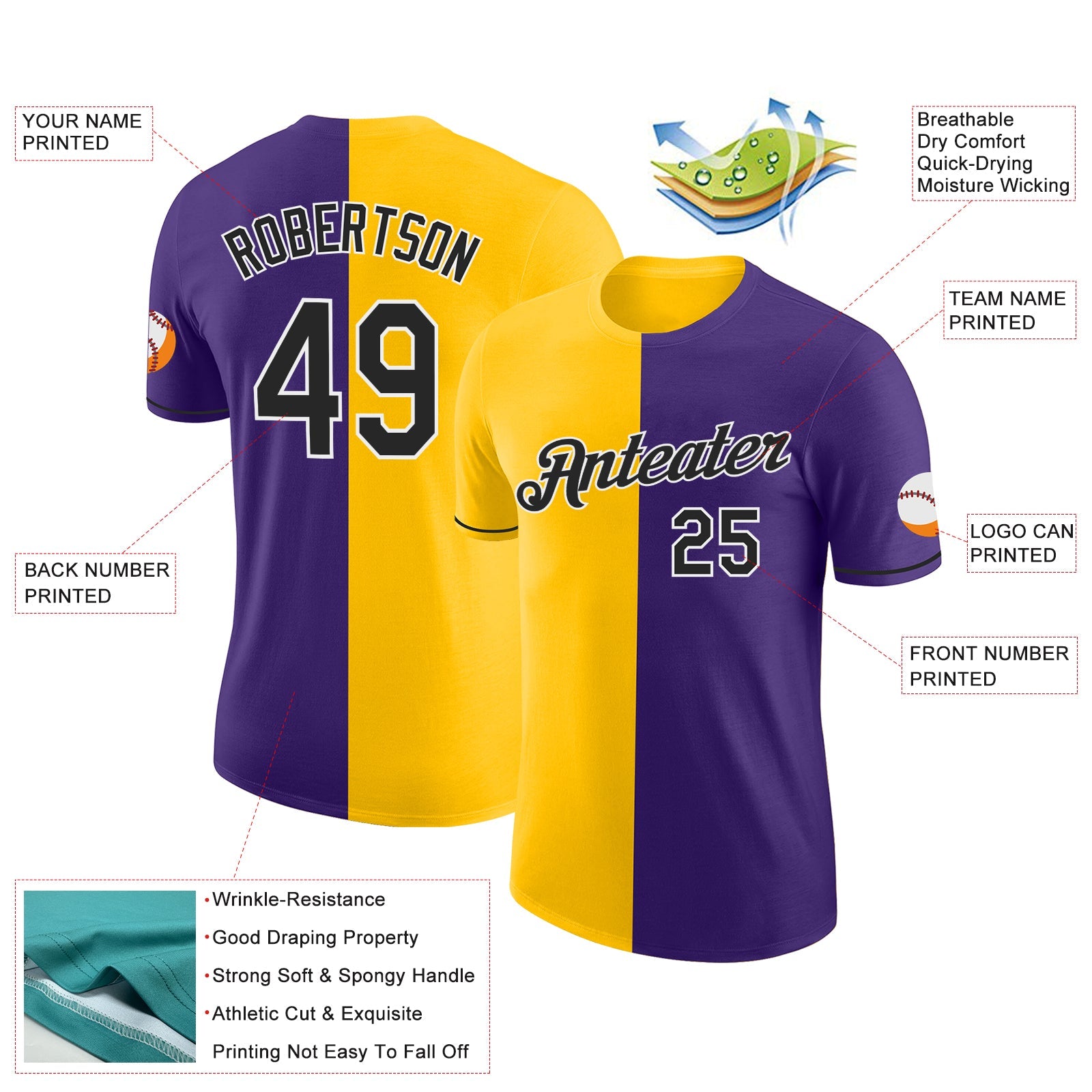 Custom Purple Black-Yellow Split Fashion Performance T-Shirt view 2