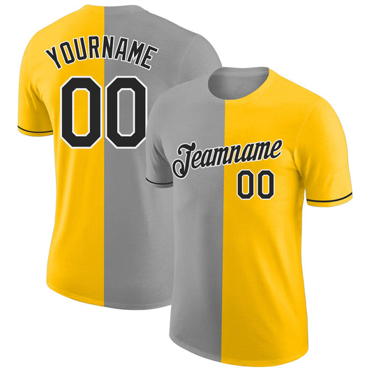 Custom Yellow Black-Gray Split Fashion Performance T-Shirt - Main View