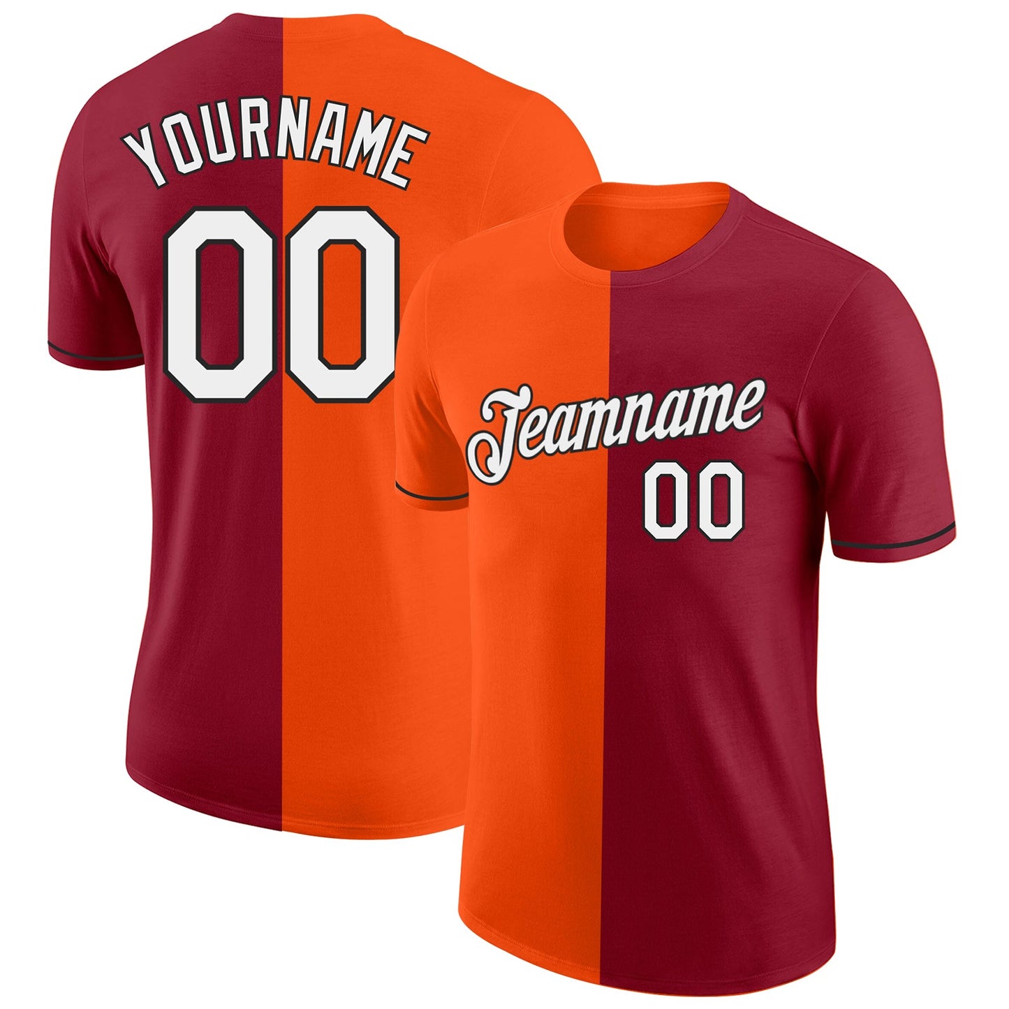 Custom Crimson Orange-Black Split Fashion Performance T-Shirt - Main View