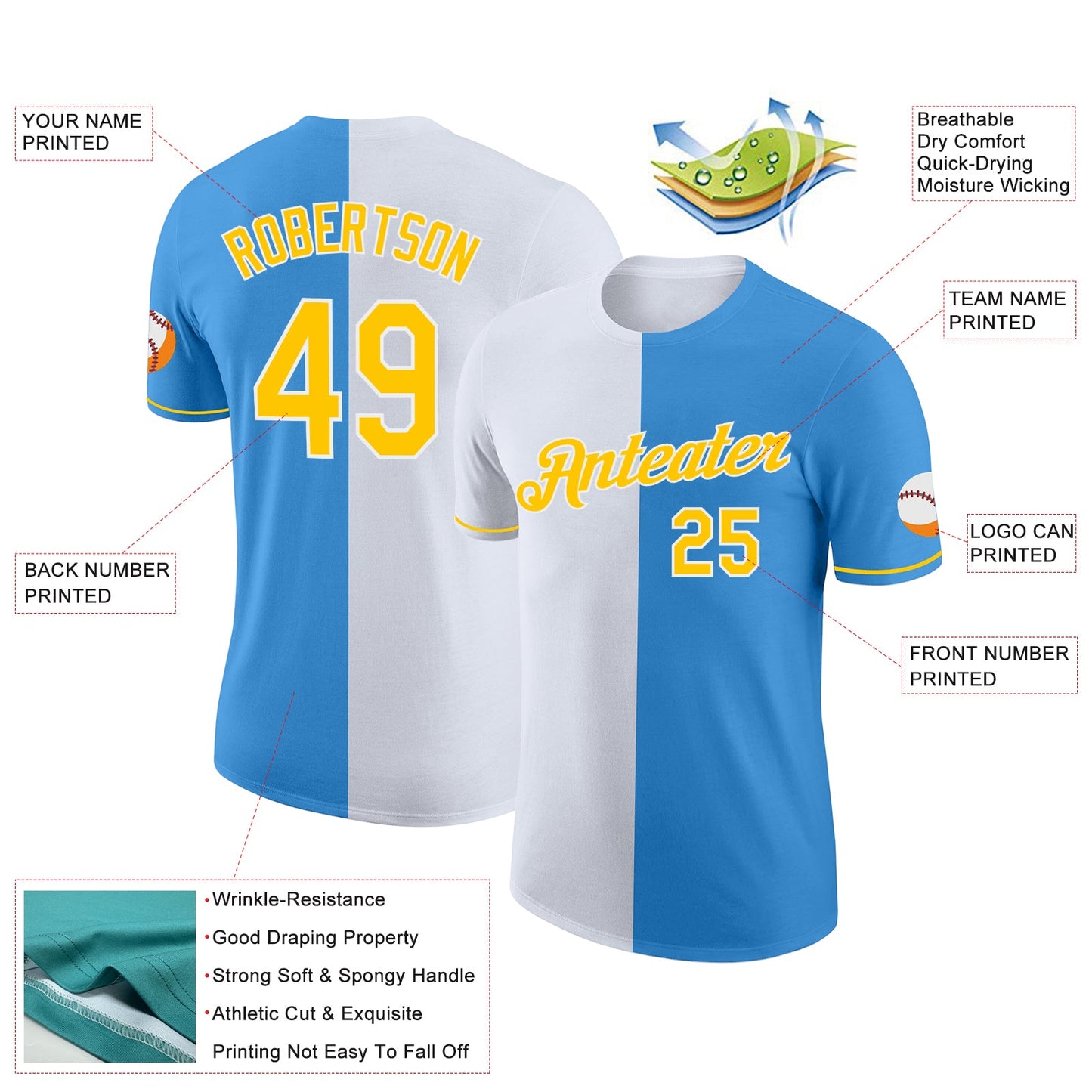 Custom Powder Blue Yellow-White Split Fashion Performance T-Shirt view 2