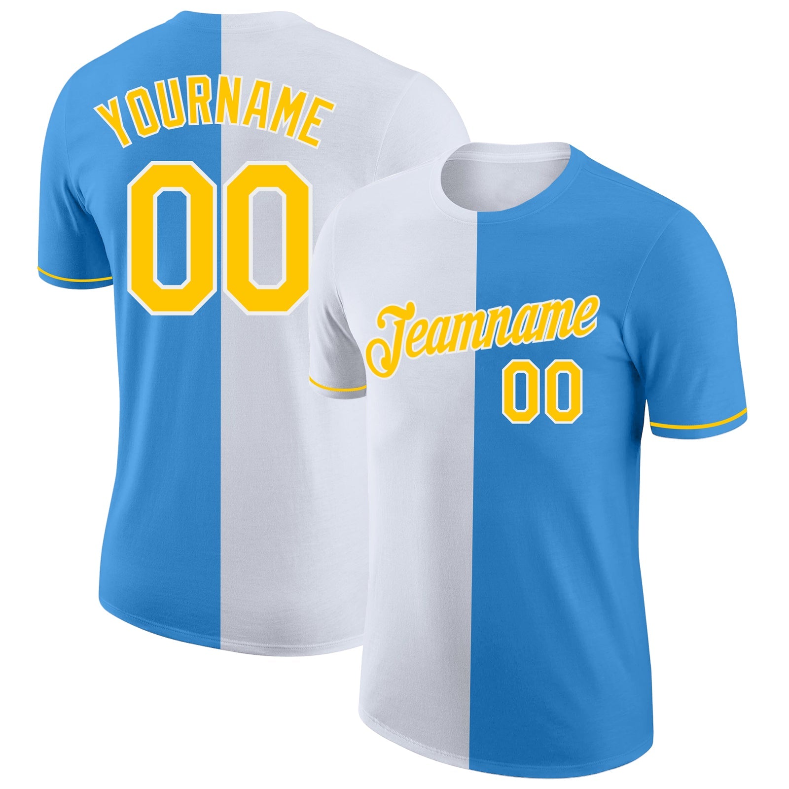 Custom Powder Blue Yellow-White Split Fashion Performance T-Shirt - Main View
