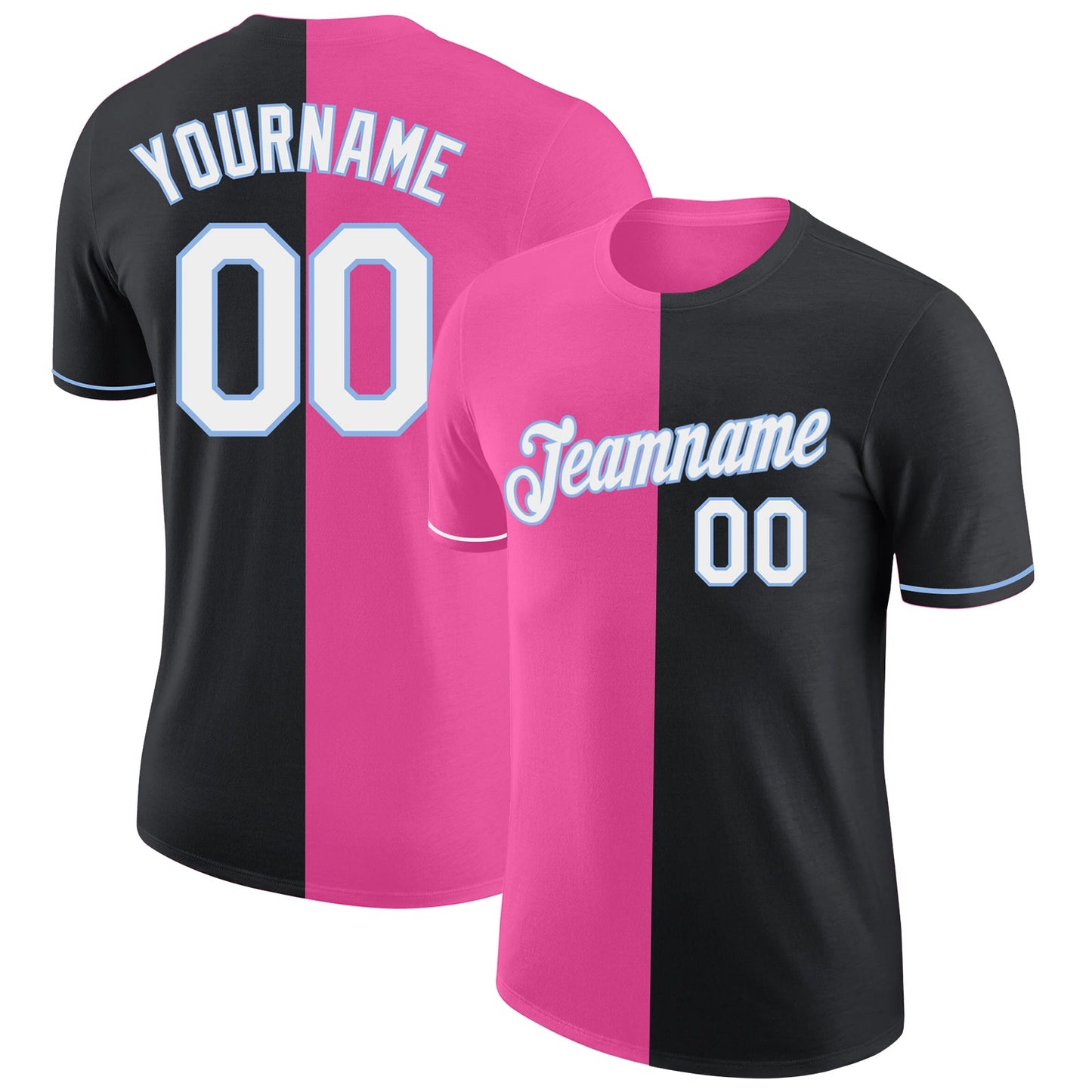 Custom Black Pink-Light Blue Split Fashion Performance T-Shirt - Main View
