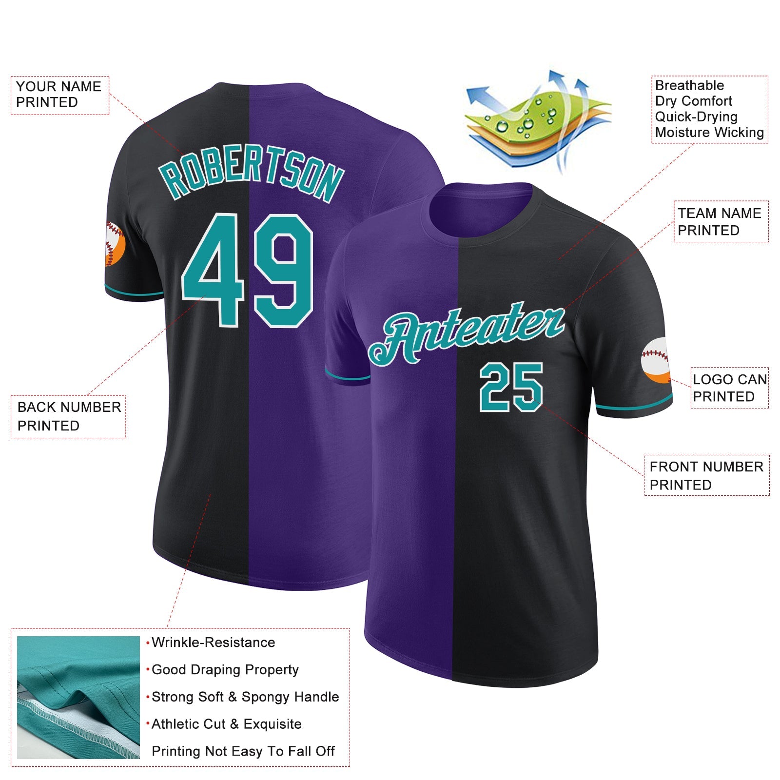 Custom Black Teal-Purple Split Fashion Performance T-Shirt view 2