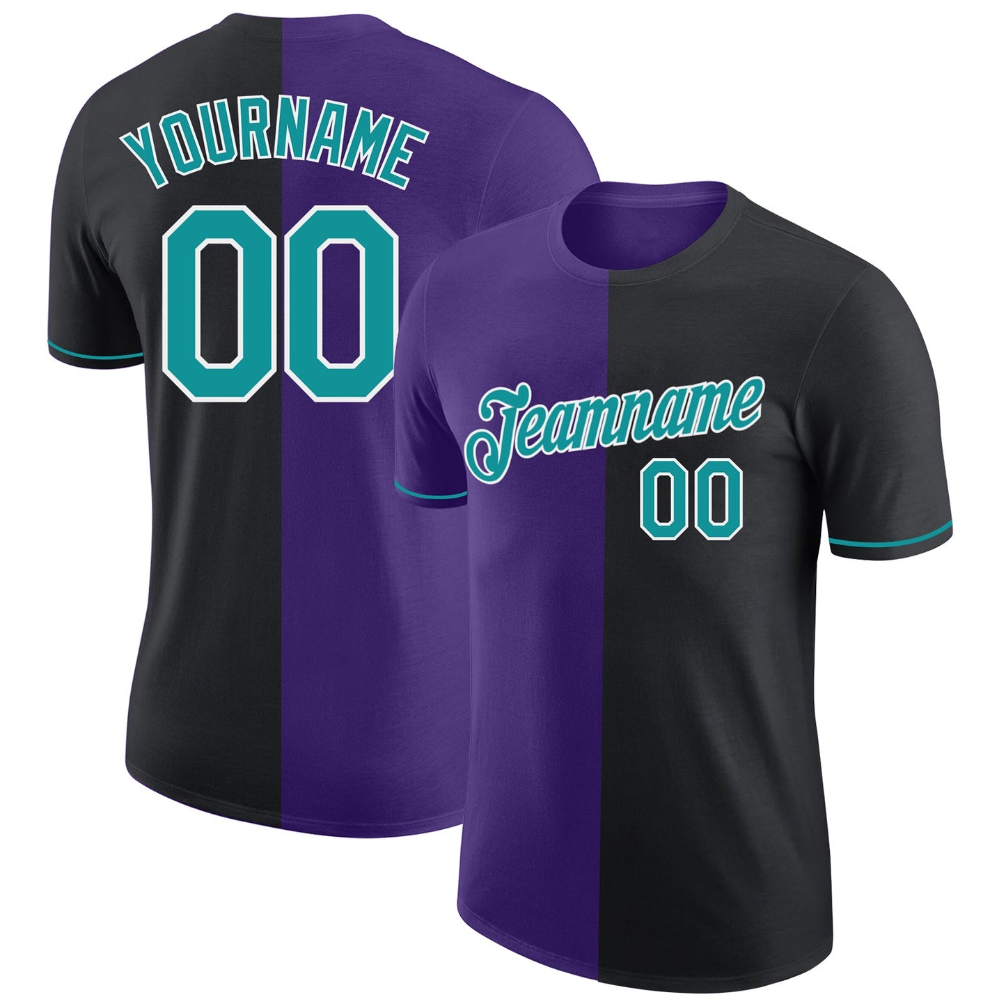 Custom Black Teal-Purple Split Fashion Performance T-Shirt - Main View