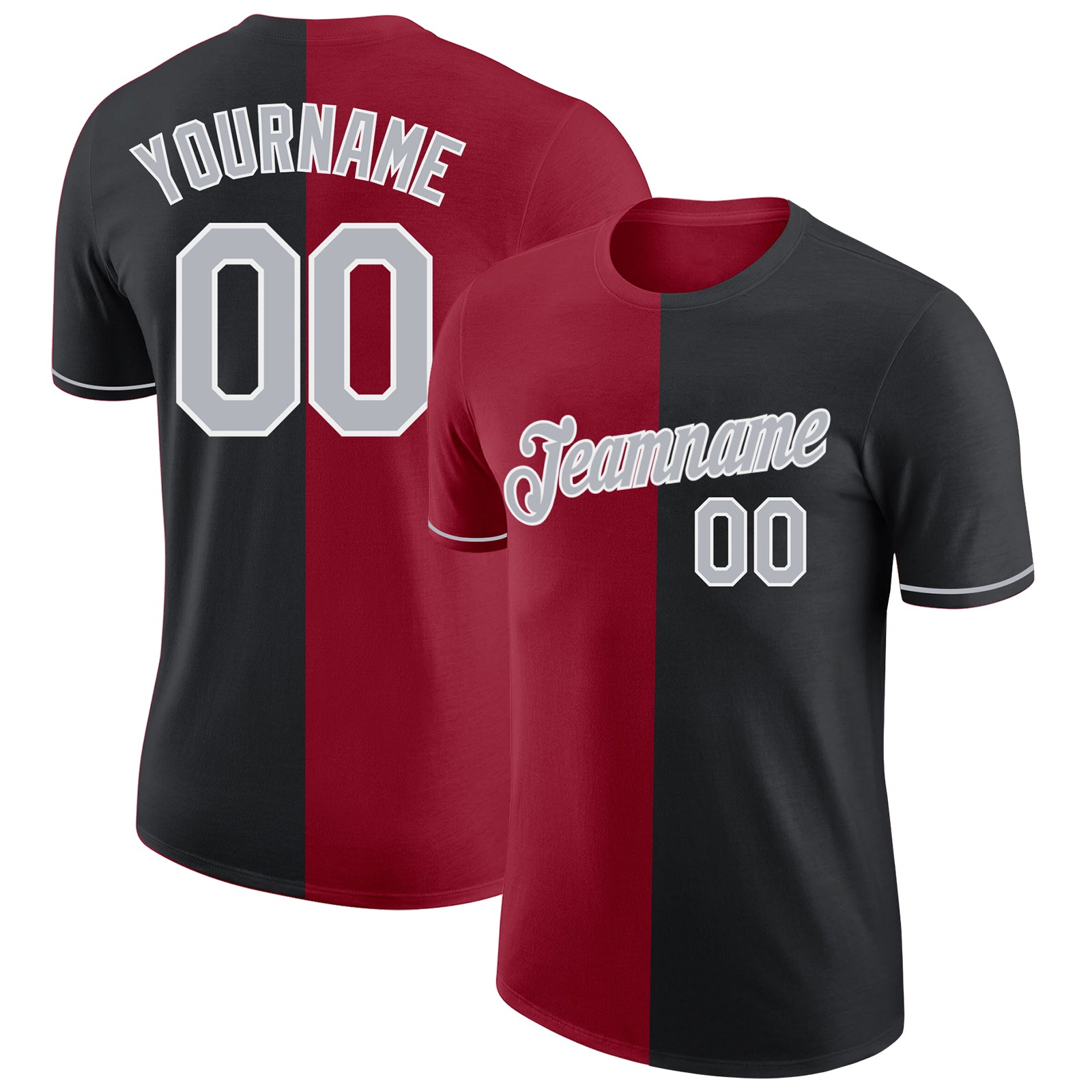 Custom Black Gray-Crimson Split Fashion Performance T-Shirt - Main View