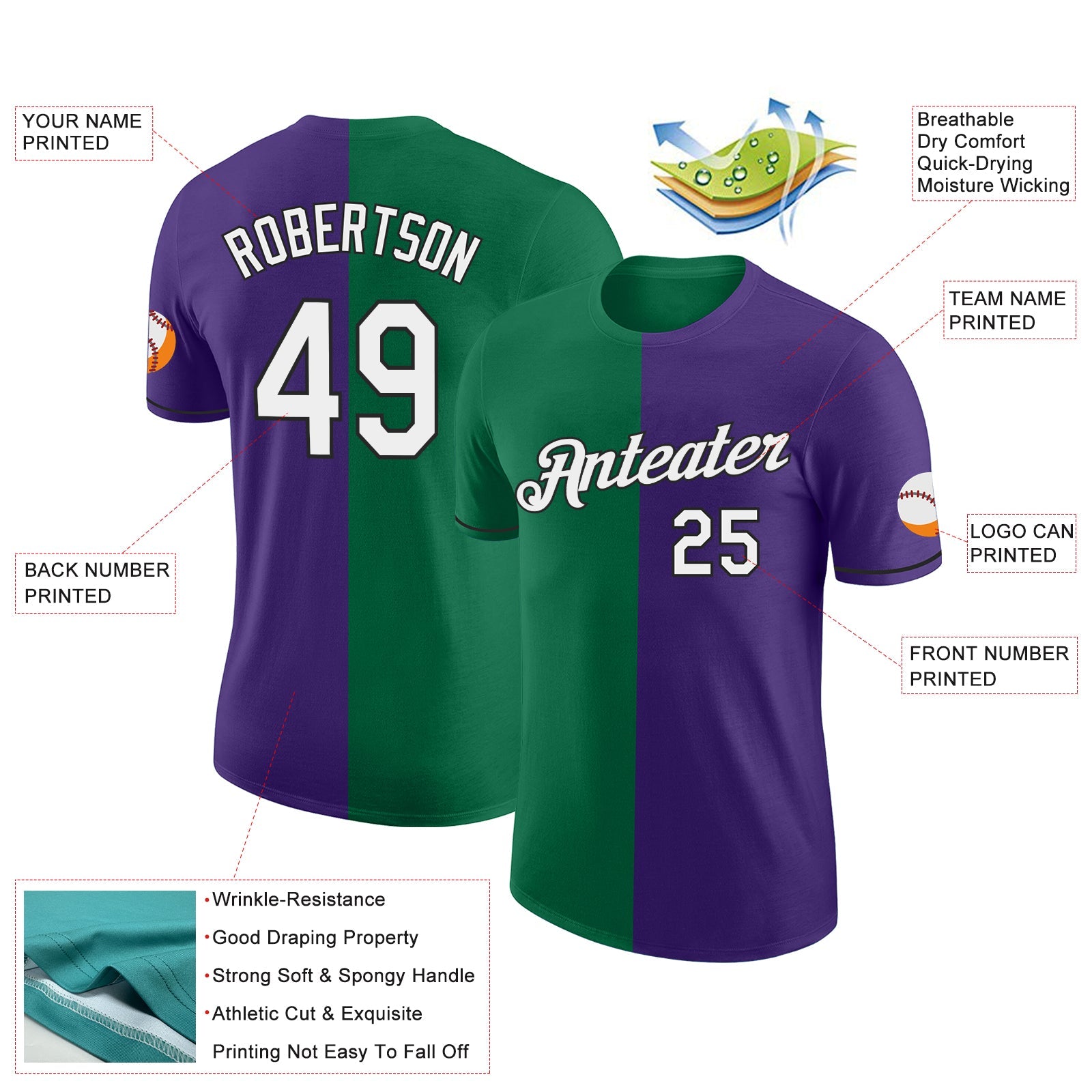 Custom Purple Kelly Green-Black Split Fashion Performance T-Shirt view 2