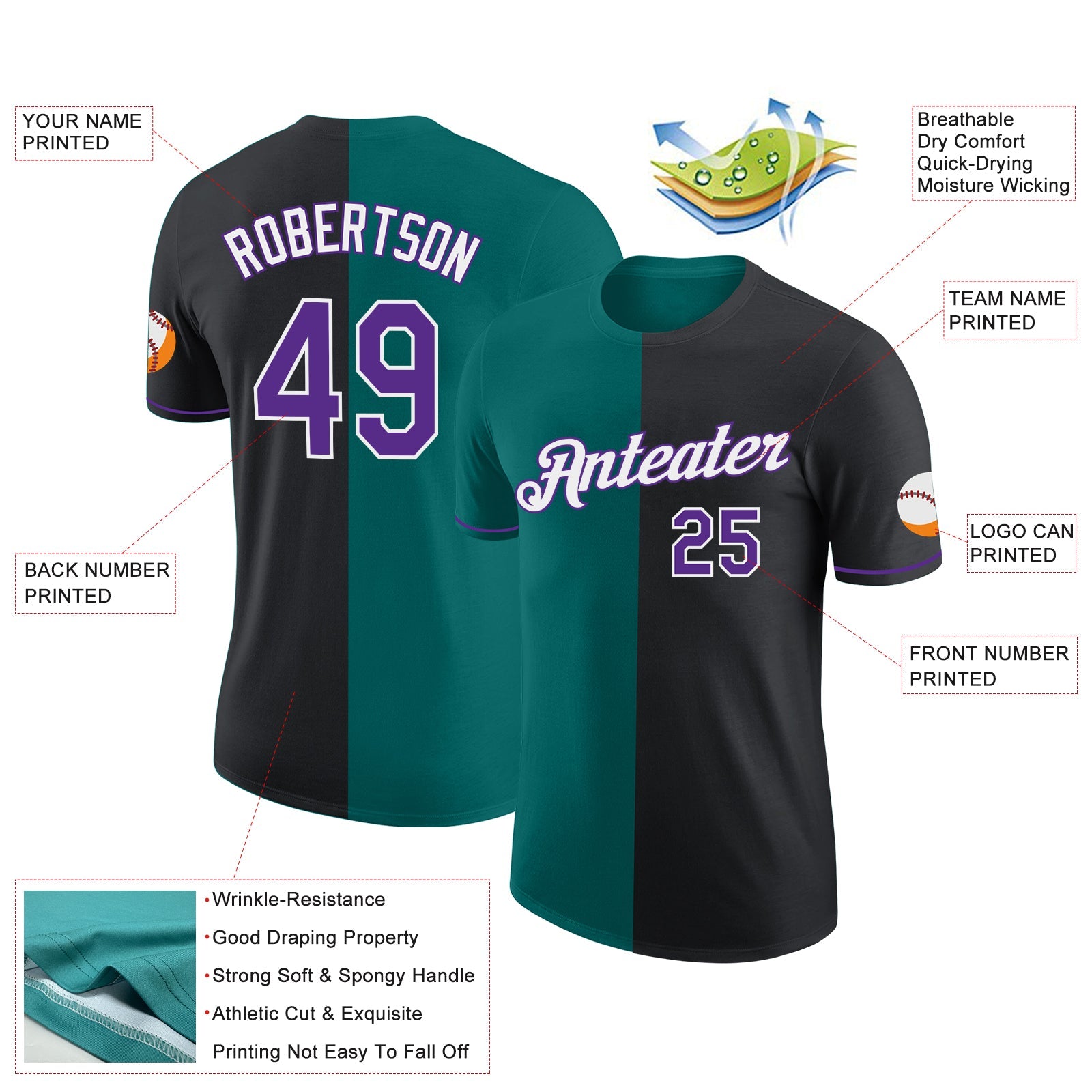 Custom Black Purple-Teal Split Fashion Performance T-Shirt view 2