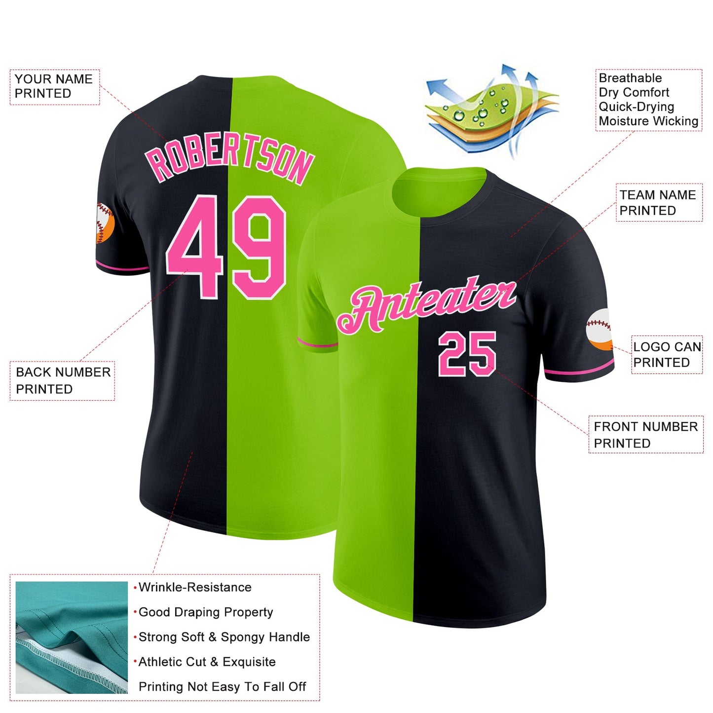 Custom Black Pink-Neon Green Split Fashion Performance T-Shirt view 2