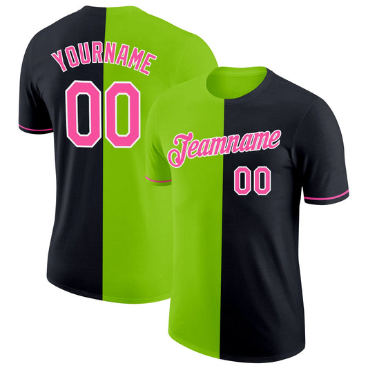Custom Black Pink-Neon Green Split Fashion Performance T-Shirt - Main View