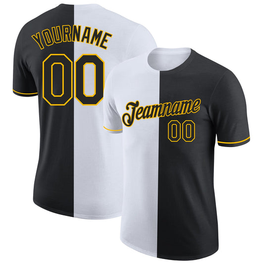 Custom Black White-Gold Split Fashion Performance T-Shirt - Main View