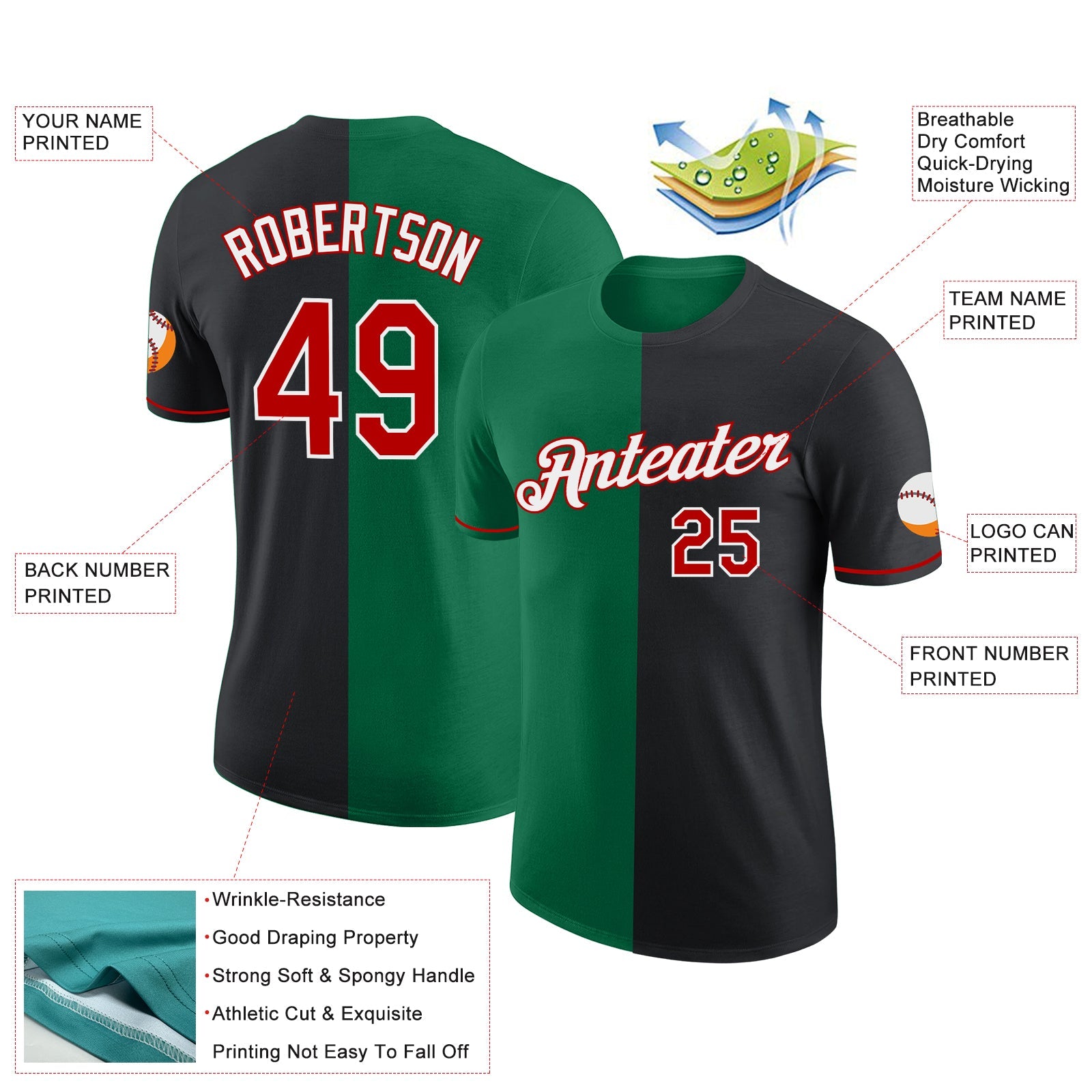 Custom Black Red-Kelly Green Split Fashion Performance T-Shirt view 2