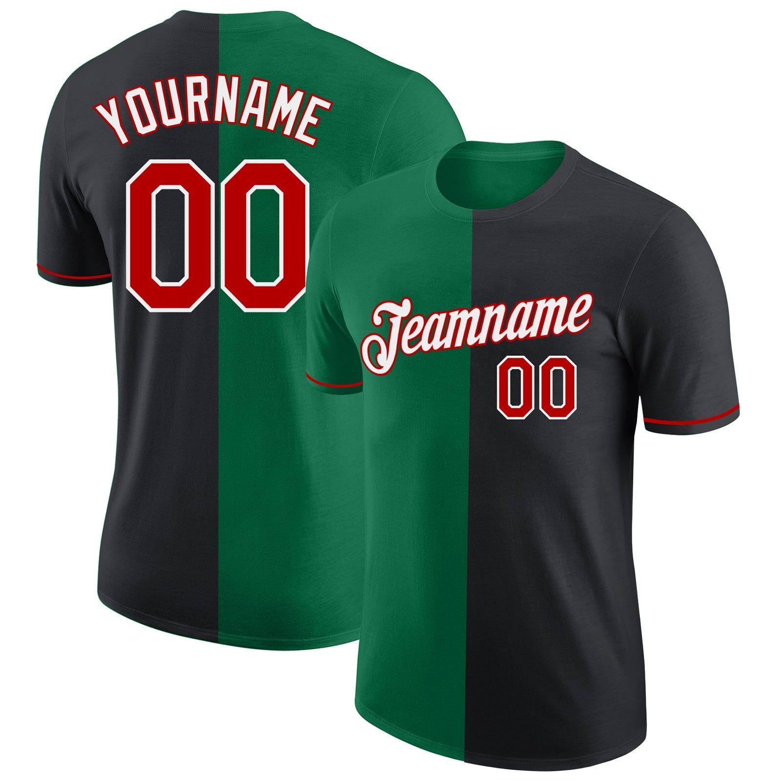 Custom Black Red-Kelly Green Split Fashion Performance T-Shirt - Main View