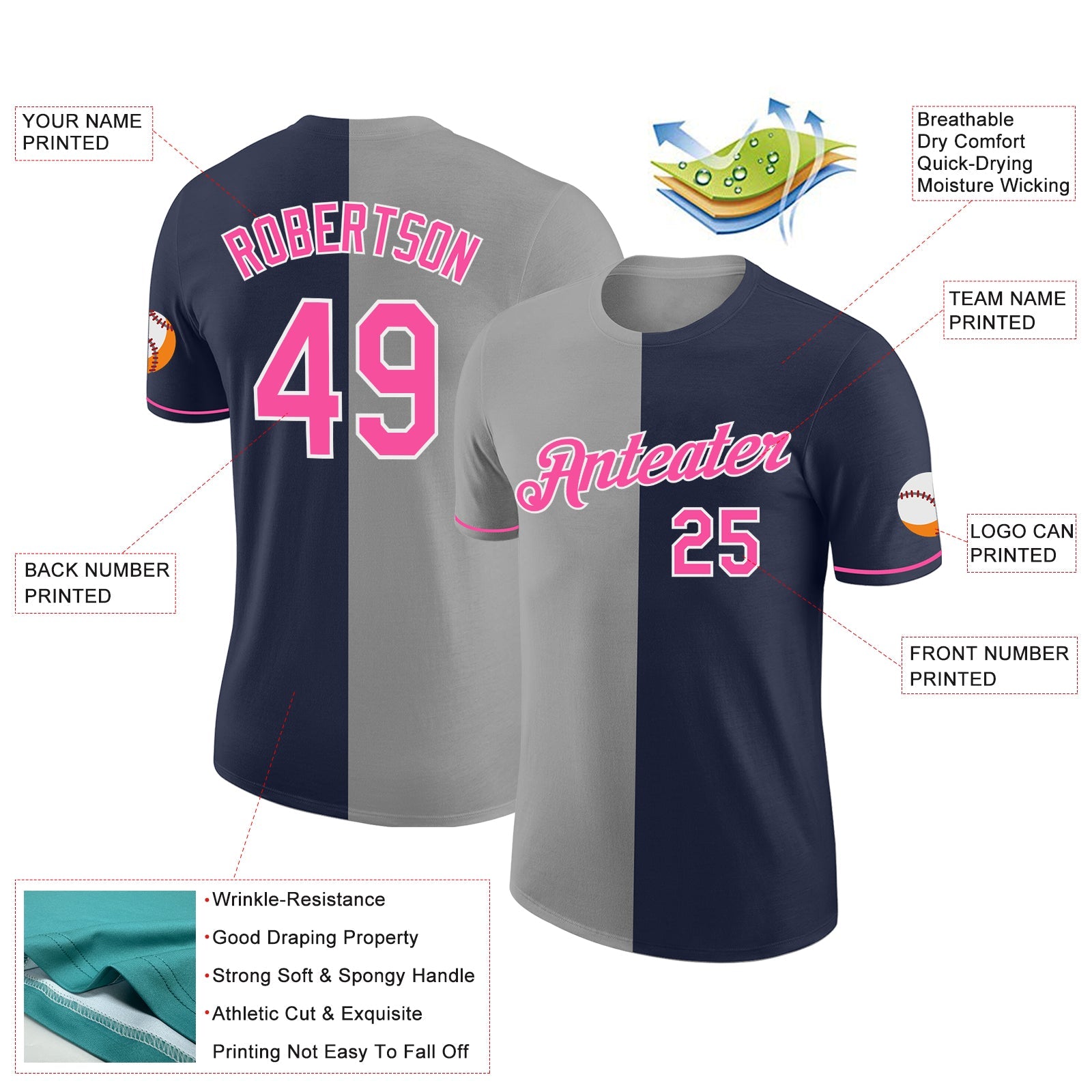 Custom Navy Pink-Gray Split Fashion Performance T-Shirt view 2