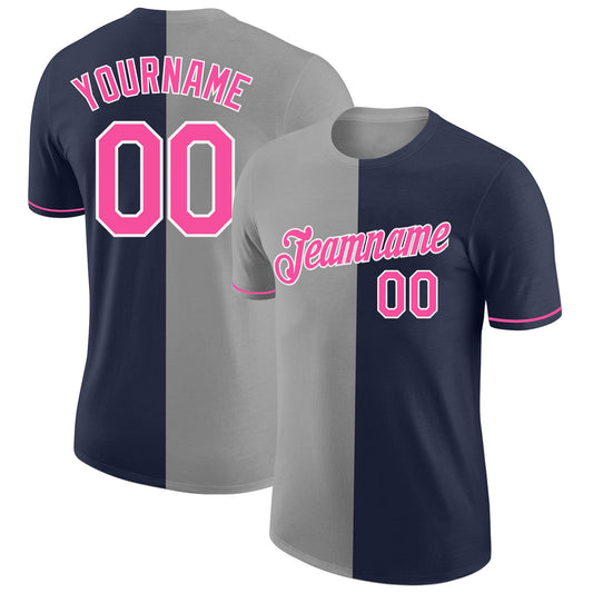 Custom Navy Pink-Gray Split Fashion Performance T-Shirt - Main View