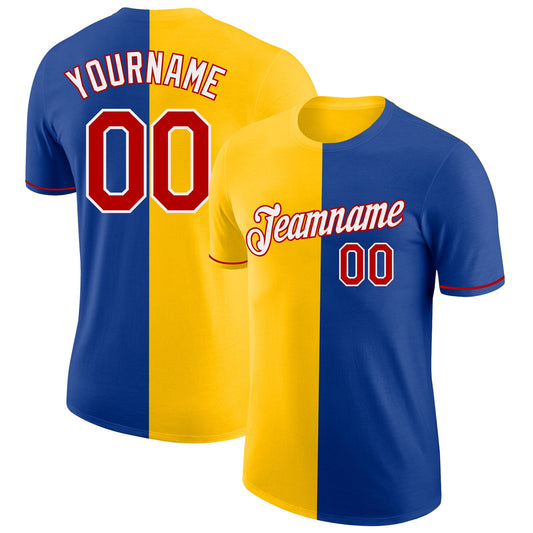 Custom Royal Red-Yellow Split Fashion Performance T-Shirt - Main View