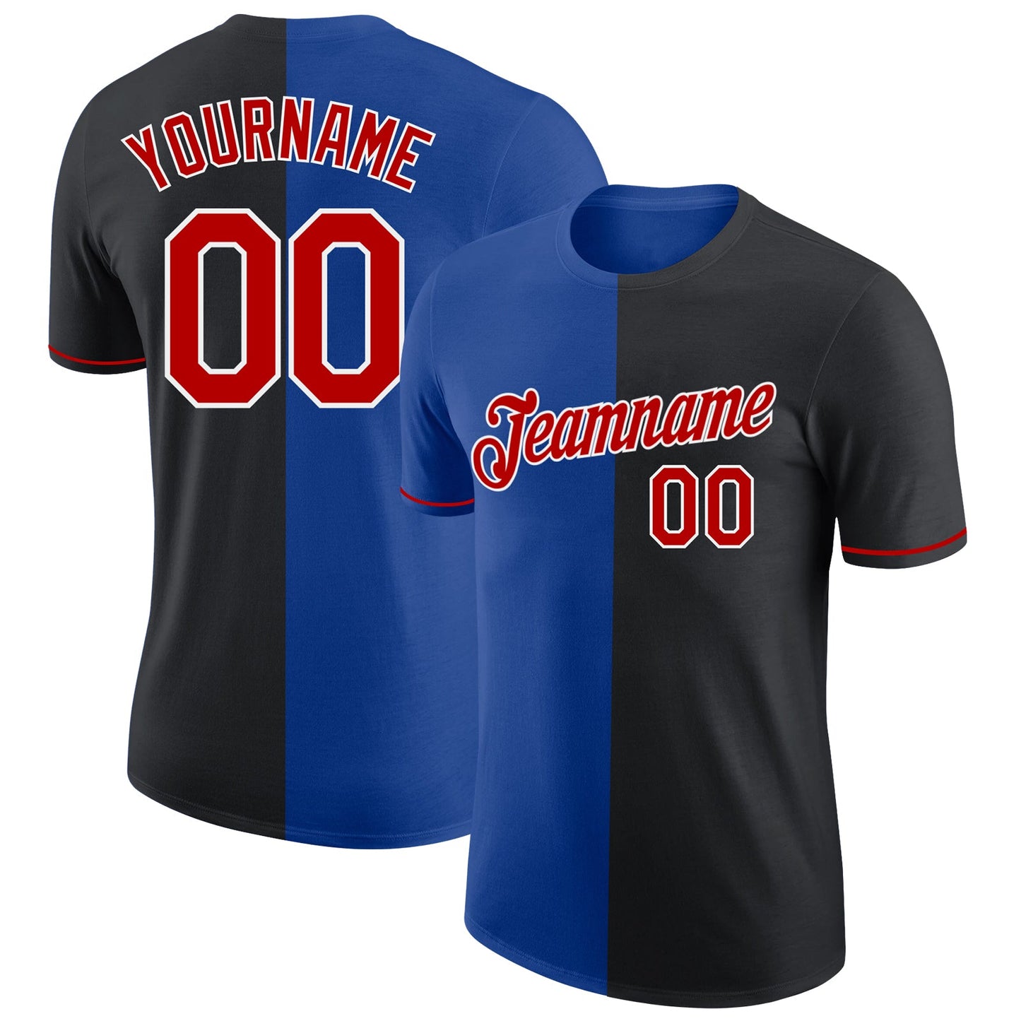 Custom Black Red-Royal Split Fashion Performance T-Shirt - Main View