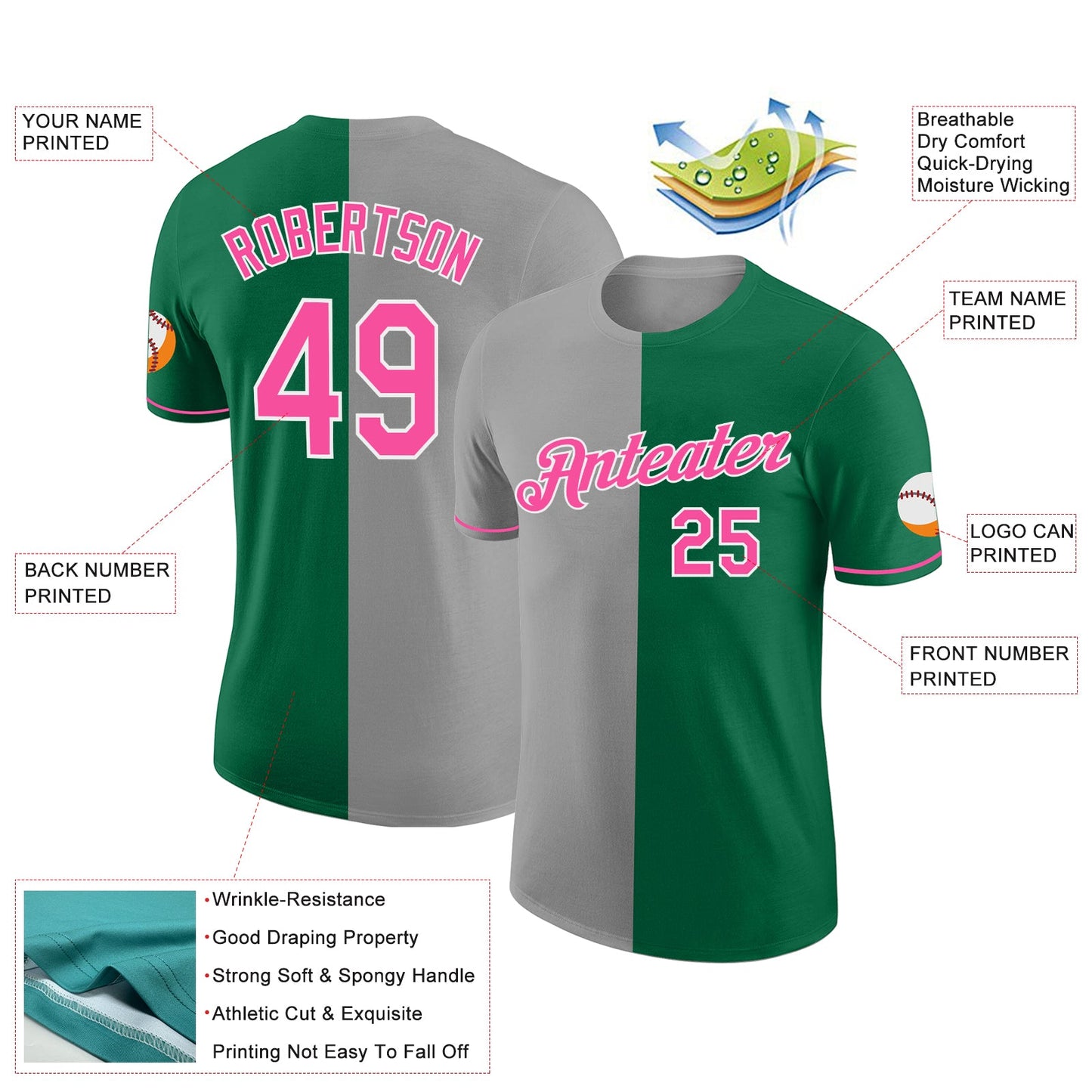 Custom Kelly Green Pink-Gray Split Fashion Performance T-Shirt view 2