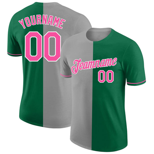 Custom Kelly Green Pink-Gray Split Fashion Performance T-Shirt - Main View