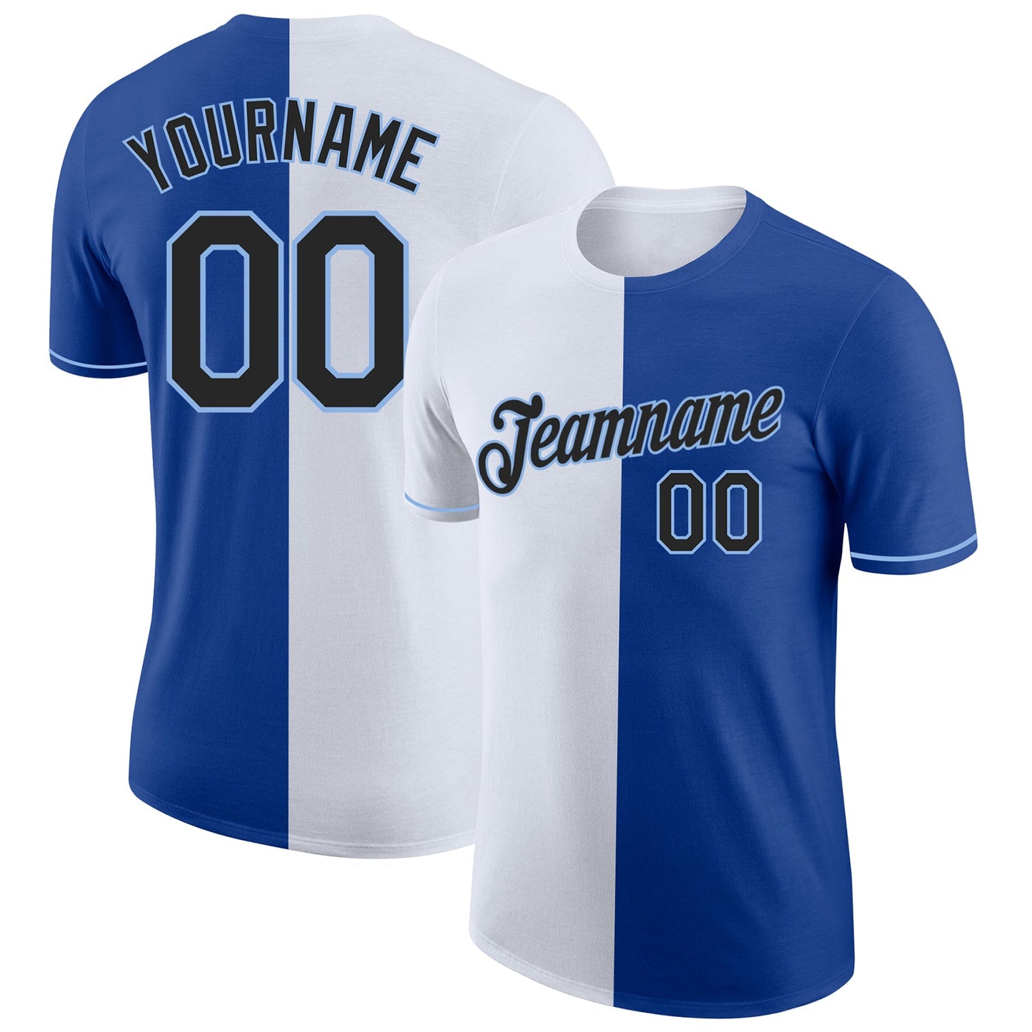 Custom Royal Black-Light Blue Split Fashion Performance T-Shirt - Main View