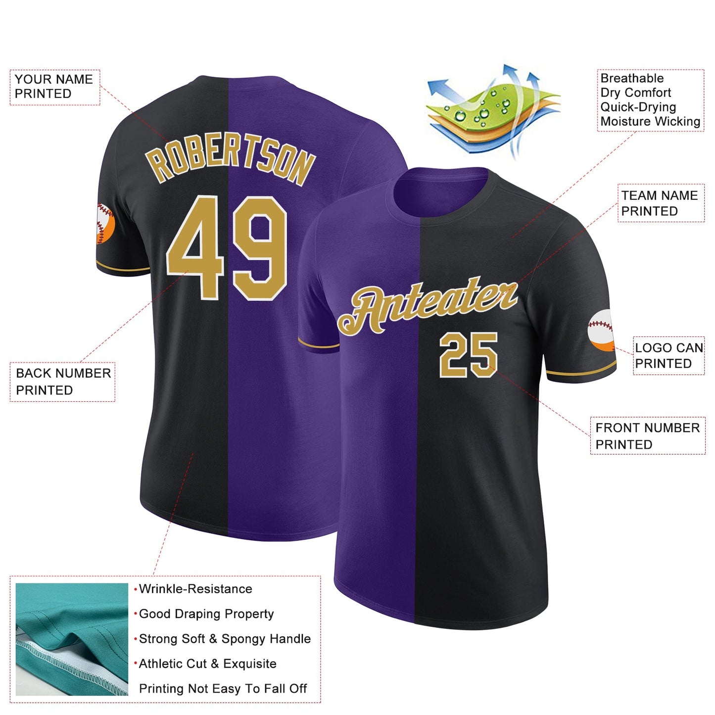 Custom Black Old Gold-Purple Split Fashion Performance T-Shirt view 2