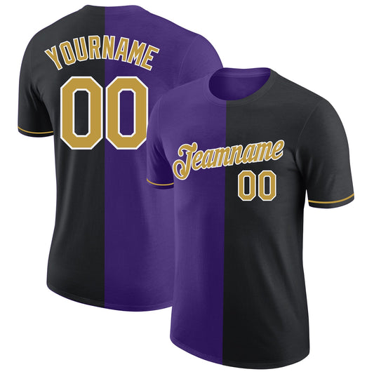 Custom Black Old Gold-Purple Split Fashion Performance T-Shirt - Main View