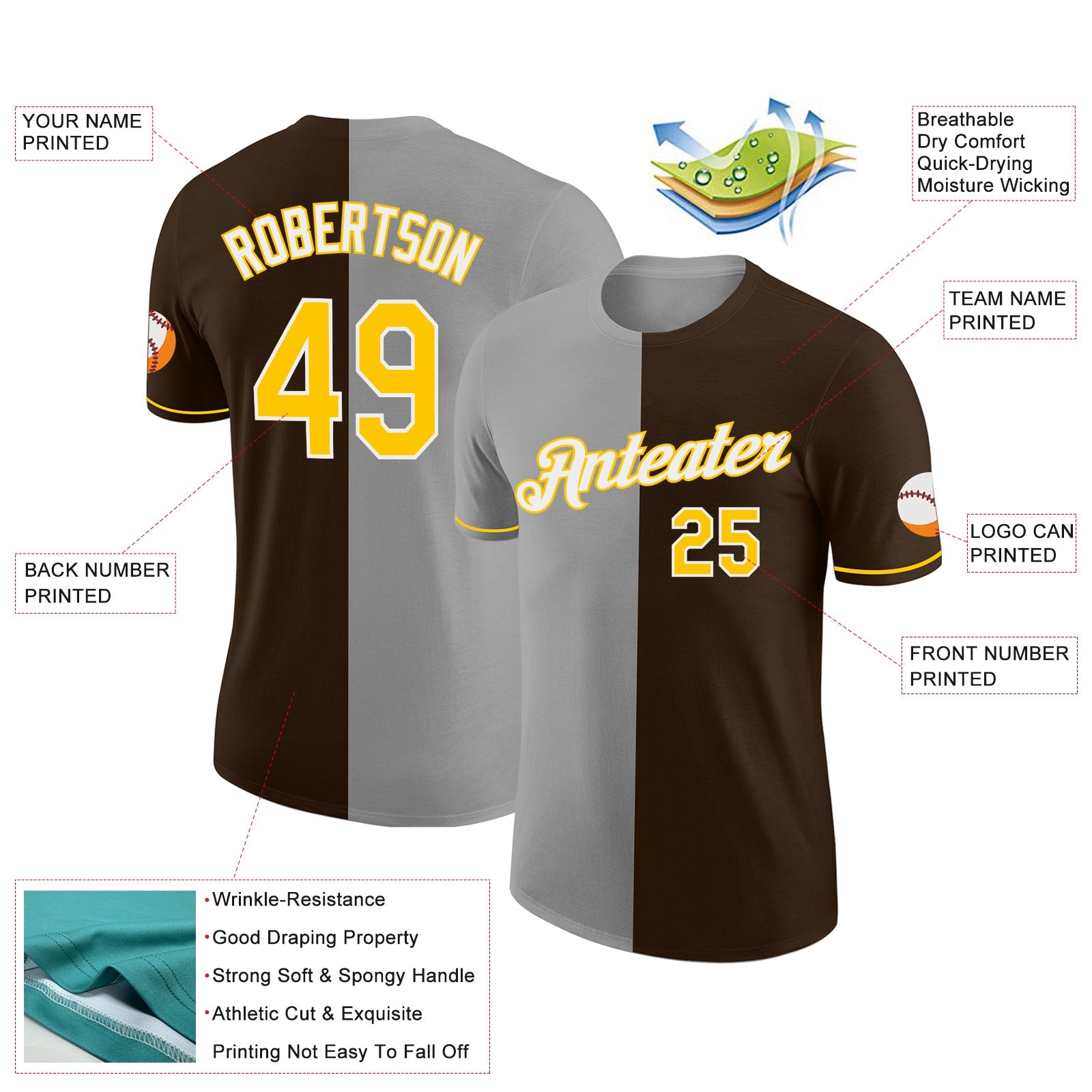 Custom Brown Yellow-Gray Split Fashion Performance T-Shirt view 2