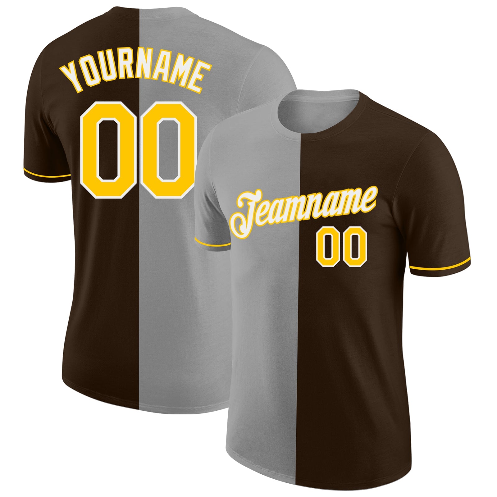 Custom Brown Yellow-Gray Split Fashion Performance T-Shirt - Main View