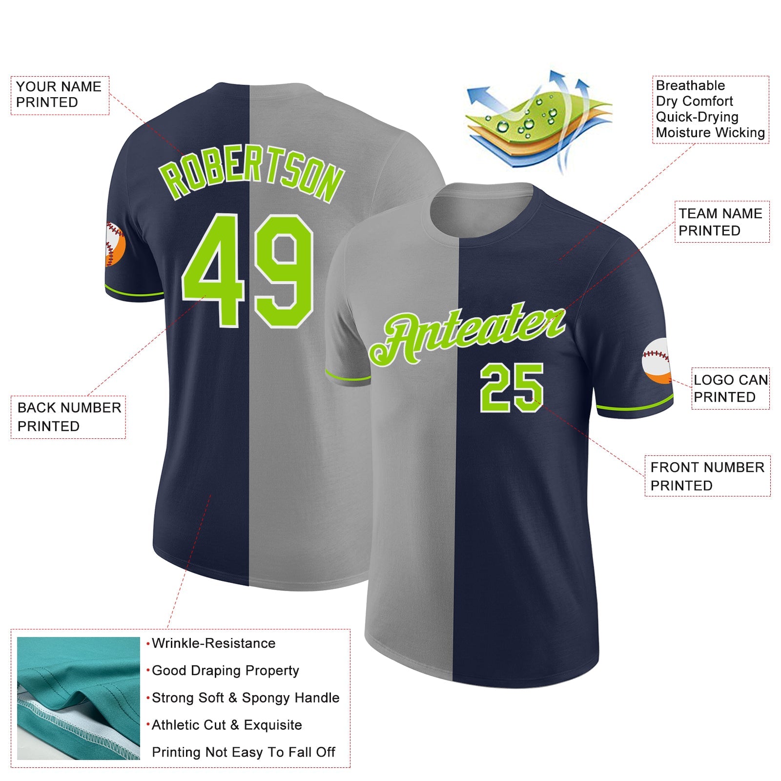 Custom Navy Neon Green-Gray Split Fashion Performance T-Shirt view 2