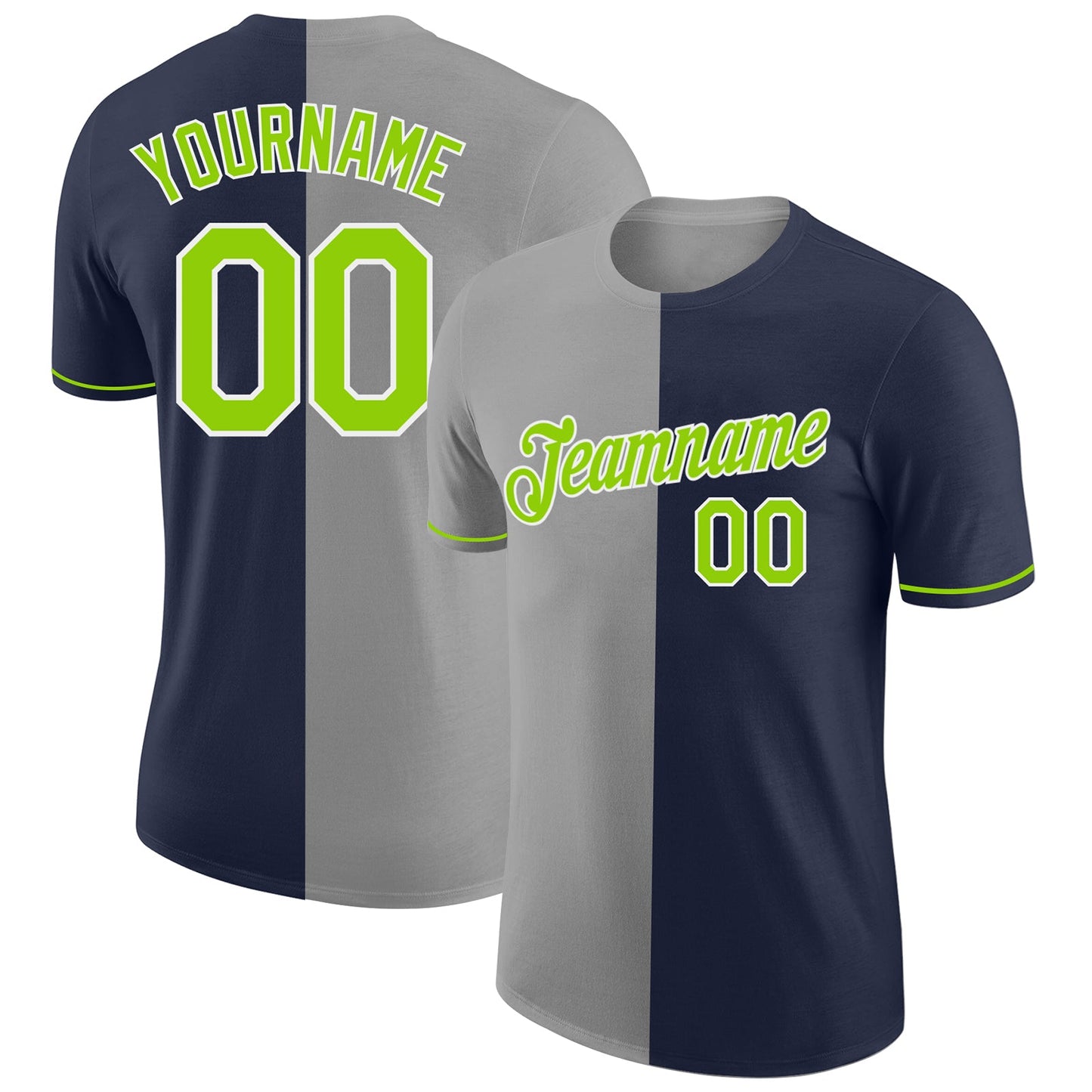 Custom Navy Neon Green-Gray Split Fashion Performance T-Shirt - Main View