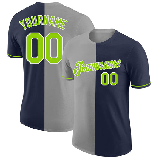 Custom Navy Neon Green-Gray Split Fashion Performance T-Shirt - Main View