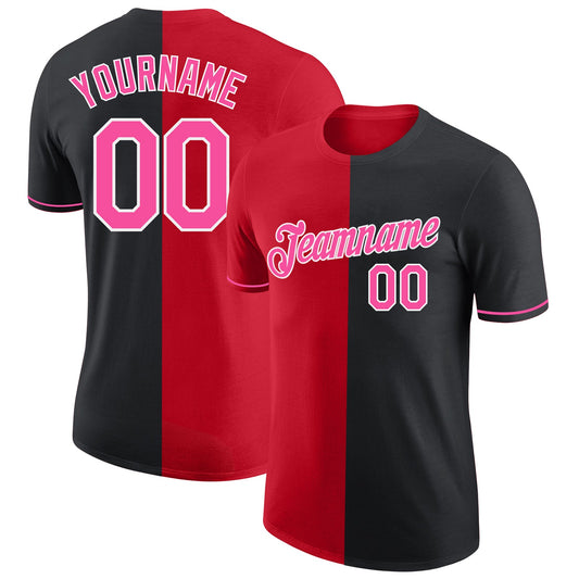 Custom Black Pink-Red Split Fashion Performance T-Shirt - Main View