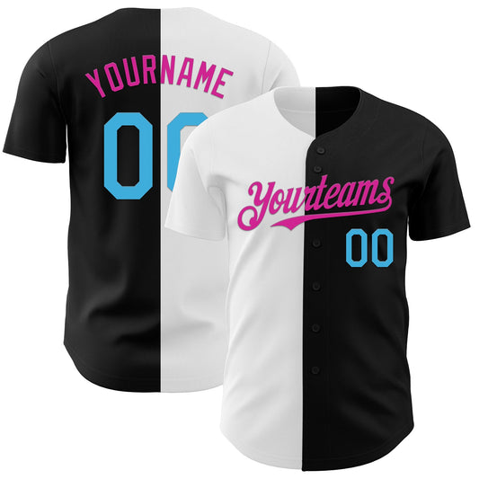 Custom Black Sky Blue Deep Pink-White Authentic Split Fashion Baseball Jersey - Main View