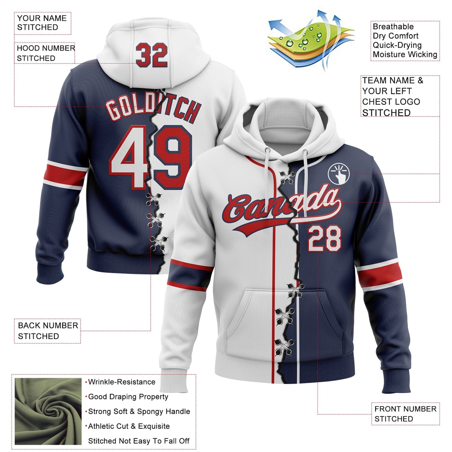 Custom Navy White-Red Split Ripped Pattern Baseball Pullover Sweatshirt Hoodie view 2