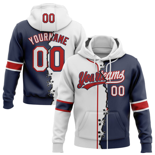 Custom Navy White-Red Split Ripped Pattern Baseball Pullover Sweatshirt Hoodie - Main View