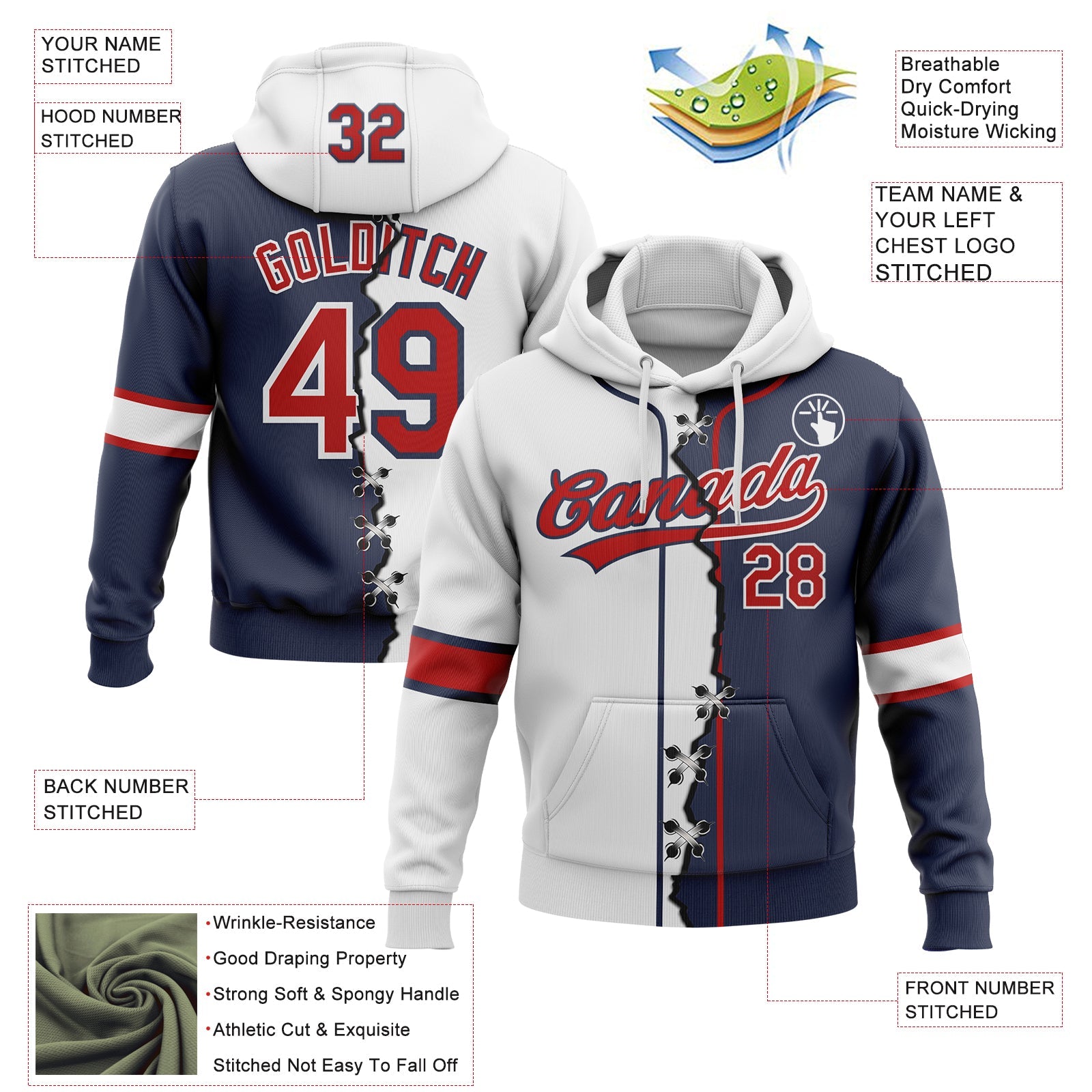 Custom Navy Red-White Split Ripped Pattern Baseball Pullover Sweatshirt Hoodie view 2