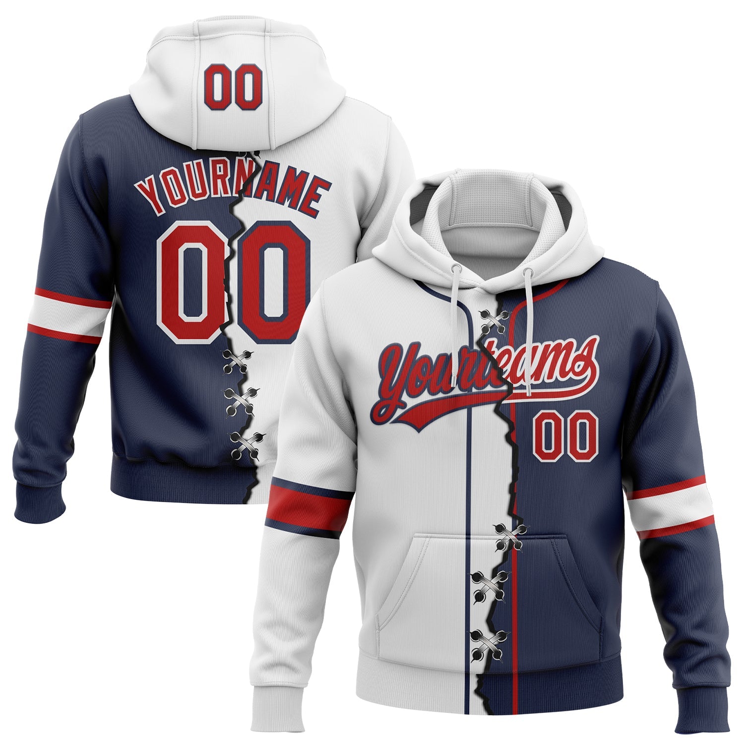 Custom Navy Red-White Split Ripped Pattern Baseball Pullover Sweatshirt Hoodie - Main View