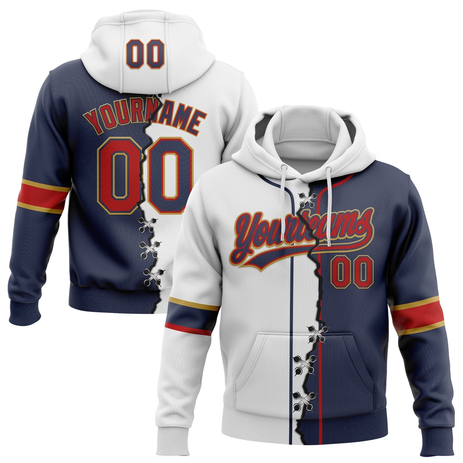 Custom Navy Red Old Gold-White Split Ripped Pattern Baseball Pullover Sweatshirt Hoodie - Main View