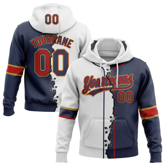 Custom Navy Red Old Gold-White Split Ripped Pattern Baseball Pullover Sweatshirt Hoodie - Main View