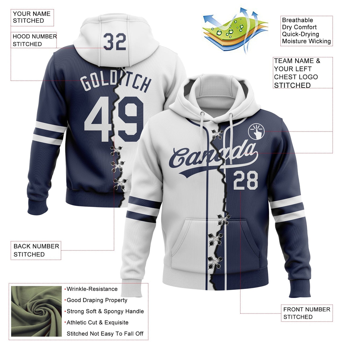 Custom Navy White Split Ripped Pattern Baseball Pullover Sweatshirt Hoodie view 2