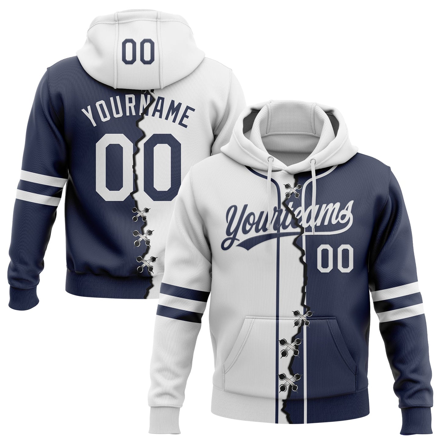 Custom Navy White Split Ripped Pattern Baseball Pullover Sweatshirt Hoodie - Main View