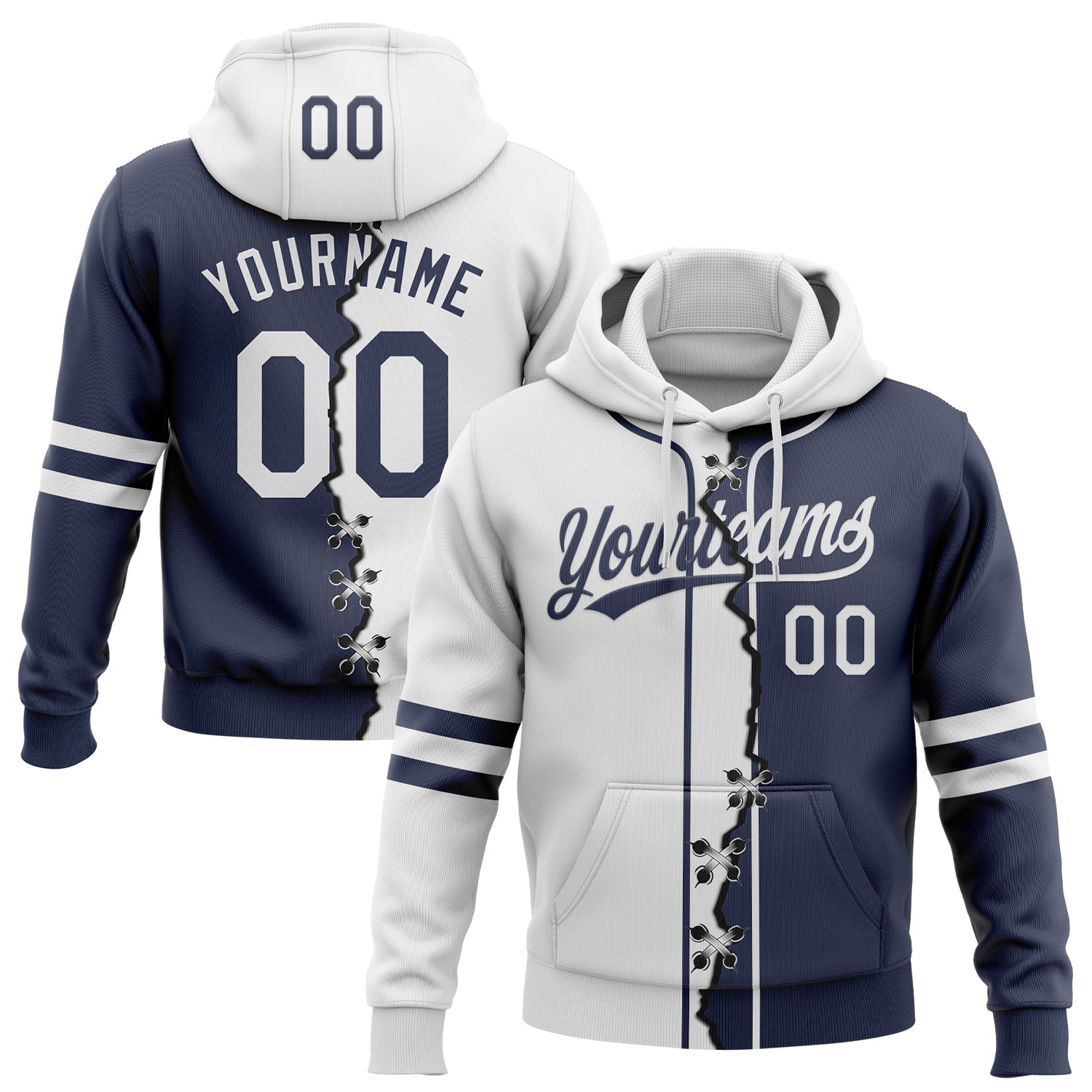 Custom Navy White Split Ripped Pattern Baseball Pullover Sweatshirt Hoodie - Main View