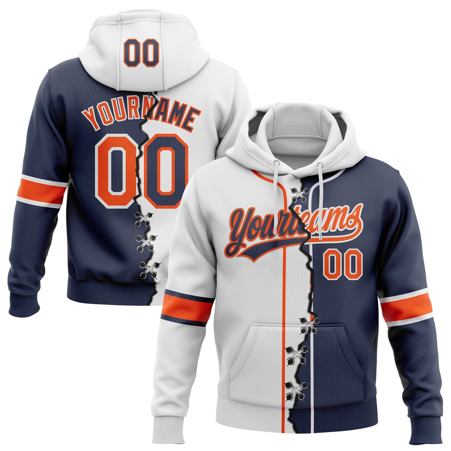 Custom Navy Orange-White Split Ripped Pattern Baseball Pullover Sweatshirt Hoodie - Main View