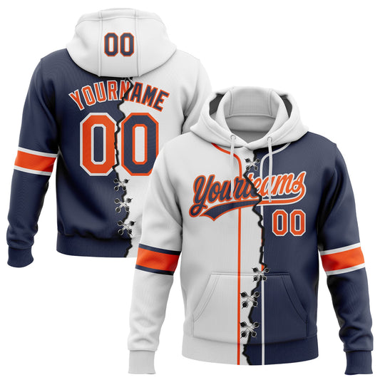 Custom Navy Orange-White Split Ripped Pattern Baseball Pullover Sweatshirt Hoodie - Main View