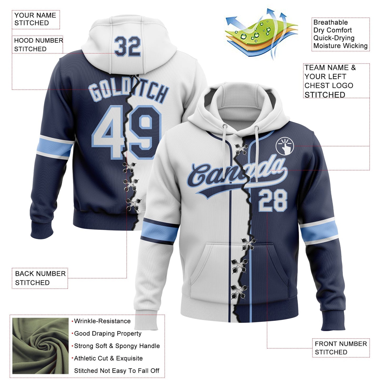 Custom Navy White-Light Blue Split Ripped Pattern Baseball Pullover Sweatshirt Hoodie view 2
