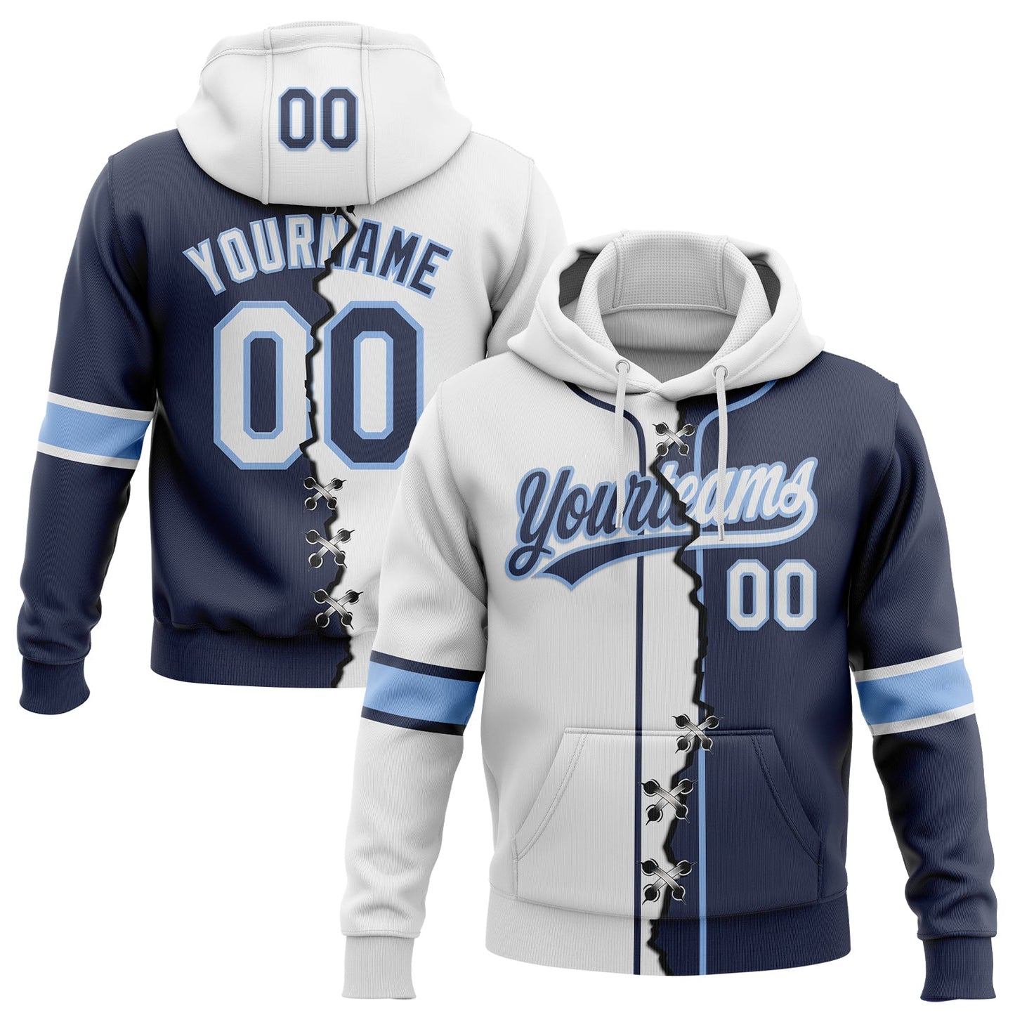 Custom Navy White-Light Blue Split Ripped Pattern Baseball Pullover Sweatshirt Hoodie - Main View
