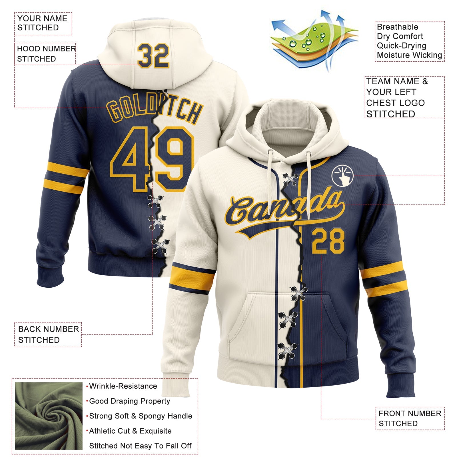 Custom Navy Gold-Cream Split Ripped Pattern Baseball Pullover Sweatshirt Hoodie view 2