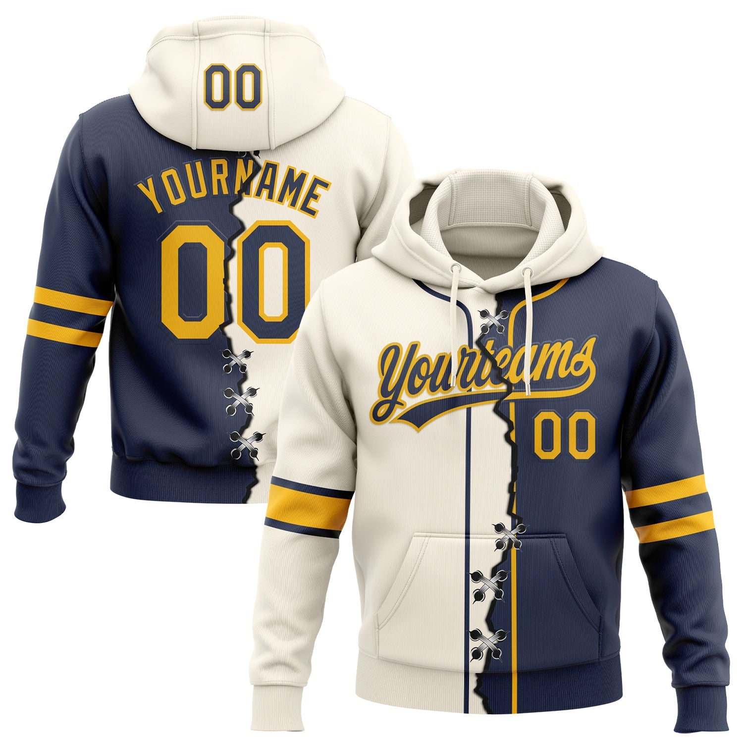 Custom Navy Gold-Cream Split Ripped Pattern Baseball Pullover Sweatshirt Hoodie - Main View